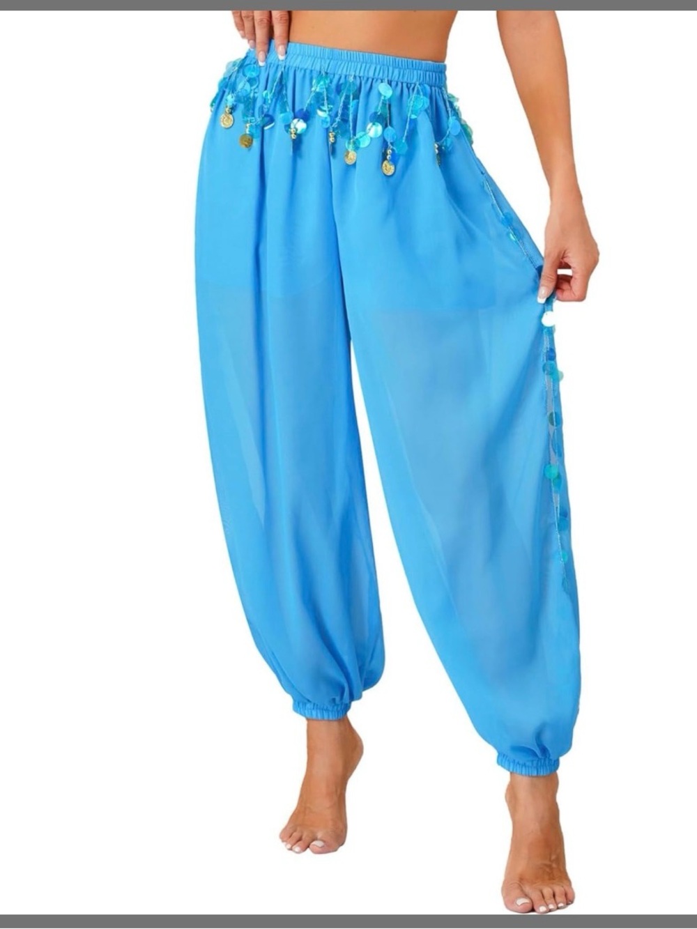 Blue Sheer Coin-Trim Harem WOMENS’s belly dance pants one size- costume pants